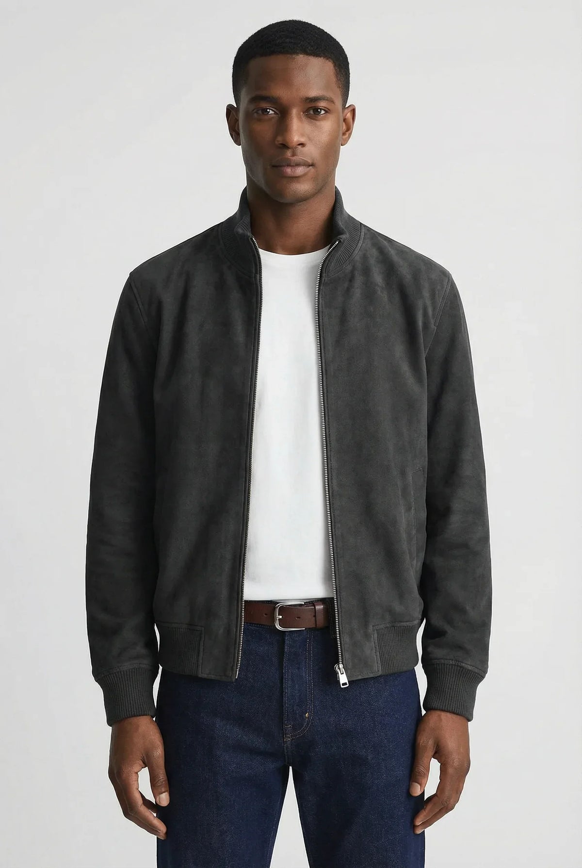 Men's Slim Fit Suede Jacket Stylish Casual Outerwear with Zipper Closure and Pocket Details