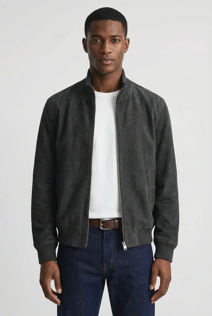 Men's Slim Fit Suede Jacket Stylish Casual Outerwear with Zipper Closure and Pocket Details
