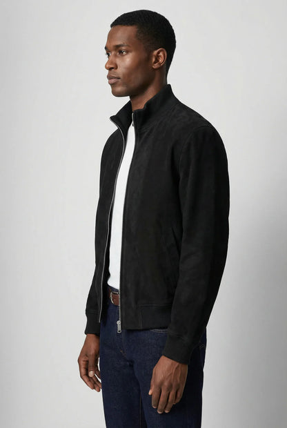 Men's Slim Fit Suede Jacket Stylish Casual Outerwear with Zipper Closure and Pocket Details