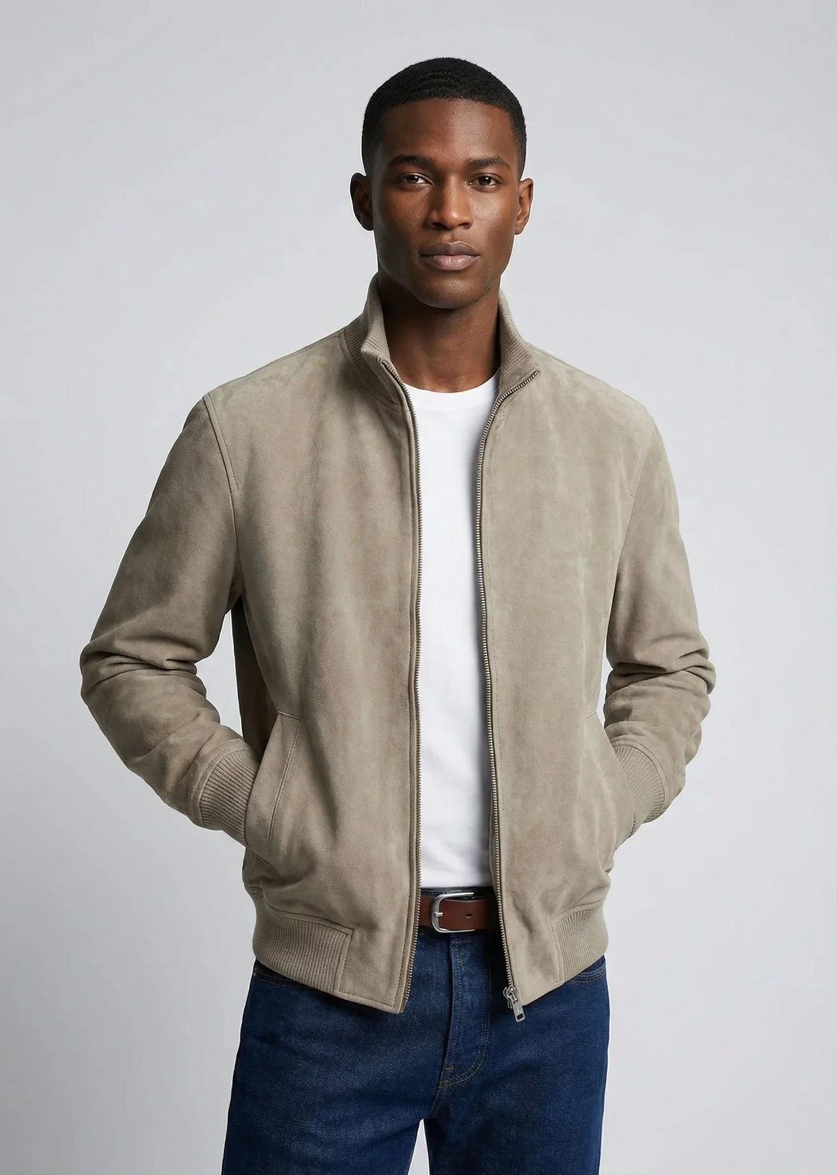 Men's Slim Fit Suede Jacket Stylish Casual Outerwear with Zipper Closure and Pocket Details