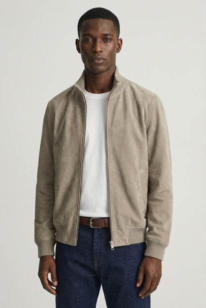 Men's Slim Fit Suede Jacket Stylish Casual Outerwear with Zipper Closure and Pocket Details