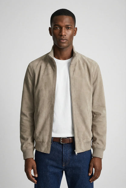 Men's Slim Fit Suede Jacket Stylish Casual Outerwear with Zipper Closure and Pocket Details