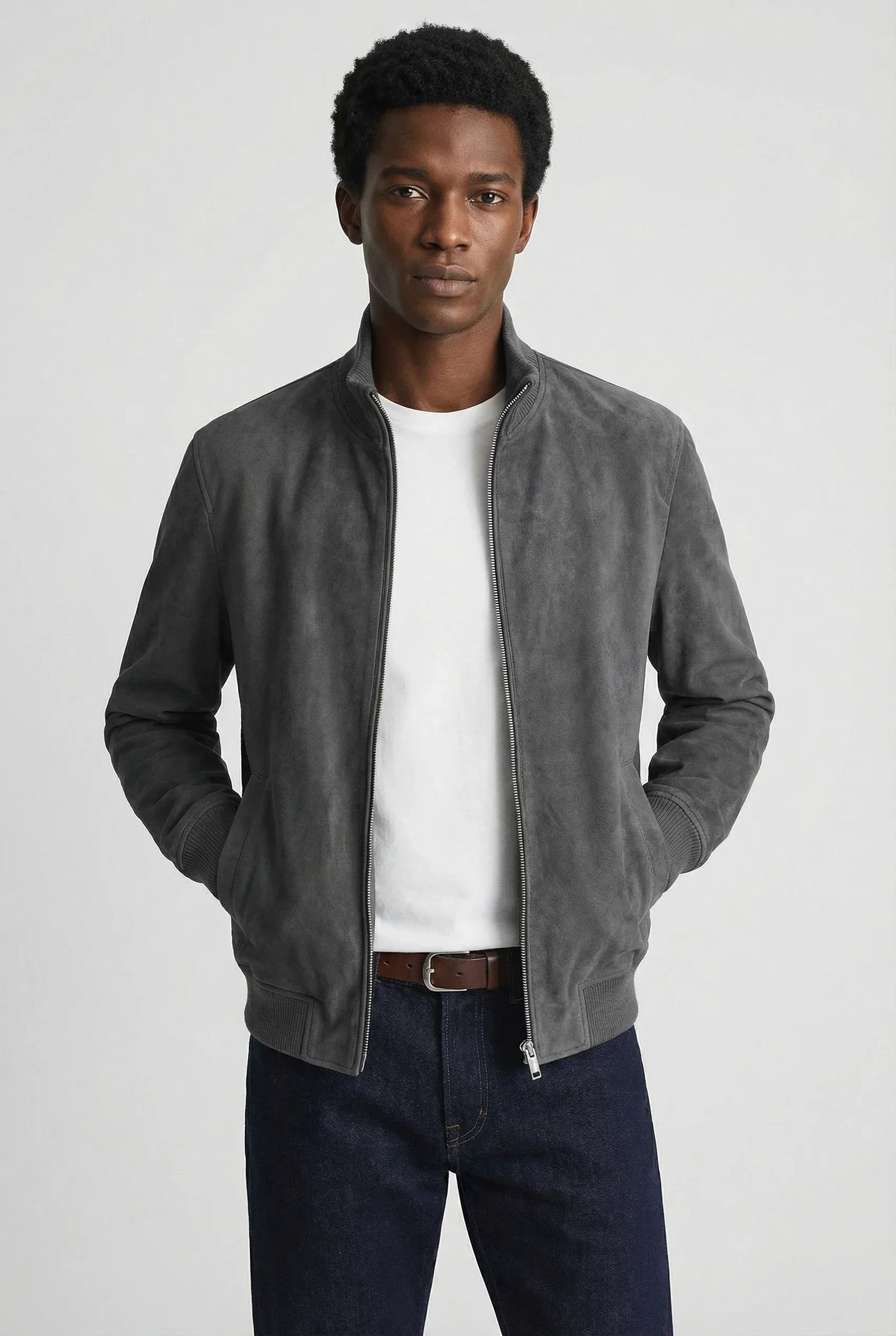 Men's Slim Fit Suede Jacket Stylish Casual Outerwear with Zipper Closure and Pocket Details