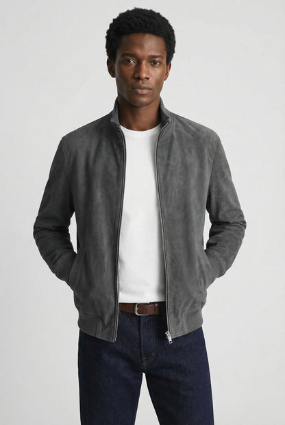 Men's Slim Fit Suede Jacket Stylish Casual Outerwear with Zipper Closure and Pocket Details