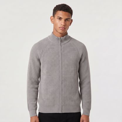 Men's Full Zip Ribbed Cardigan Relaxed Fit Long Sleeve Stand Collar Knit Layering Top