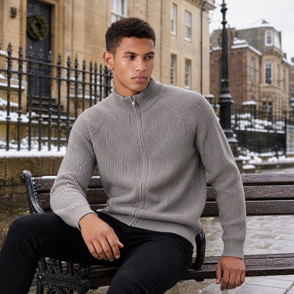 Men's Full Zip Ribbed Cardigan Relaxed Fit Long Sleeve Stand Collar Knit Layering Top