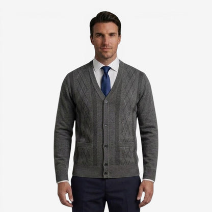 Men's Diamond Knit Cardigan Open Front Long Sleeve Business Casual Style