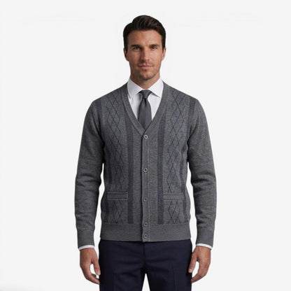 Men's Diamond Knit Cardigan Open Front Long Sleeve Business Casual Style