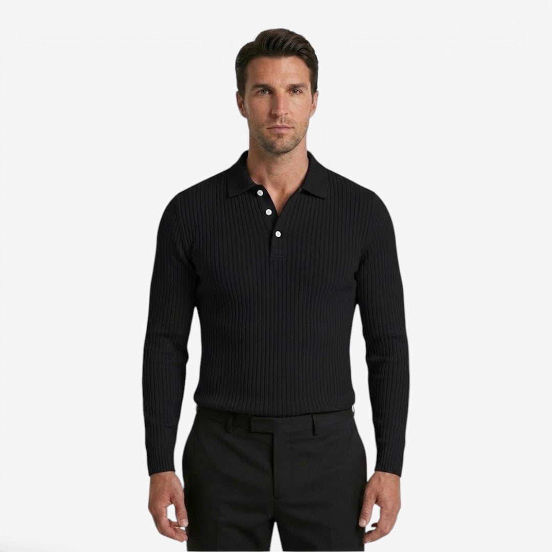 Men's Ribbed Knit Polo Shirt Long Sleeve Collared Business Casual Wear