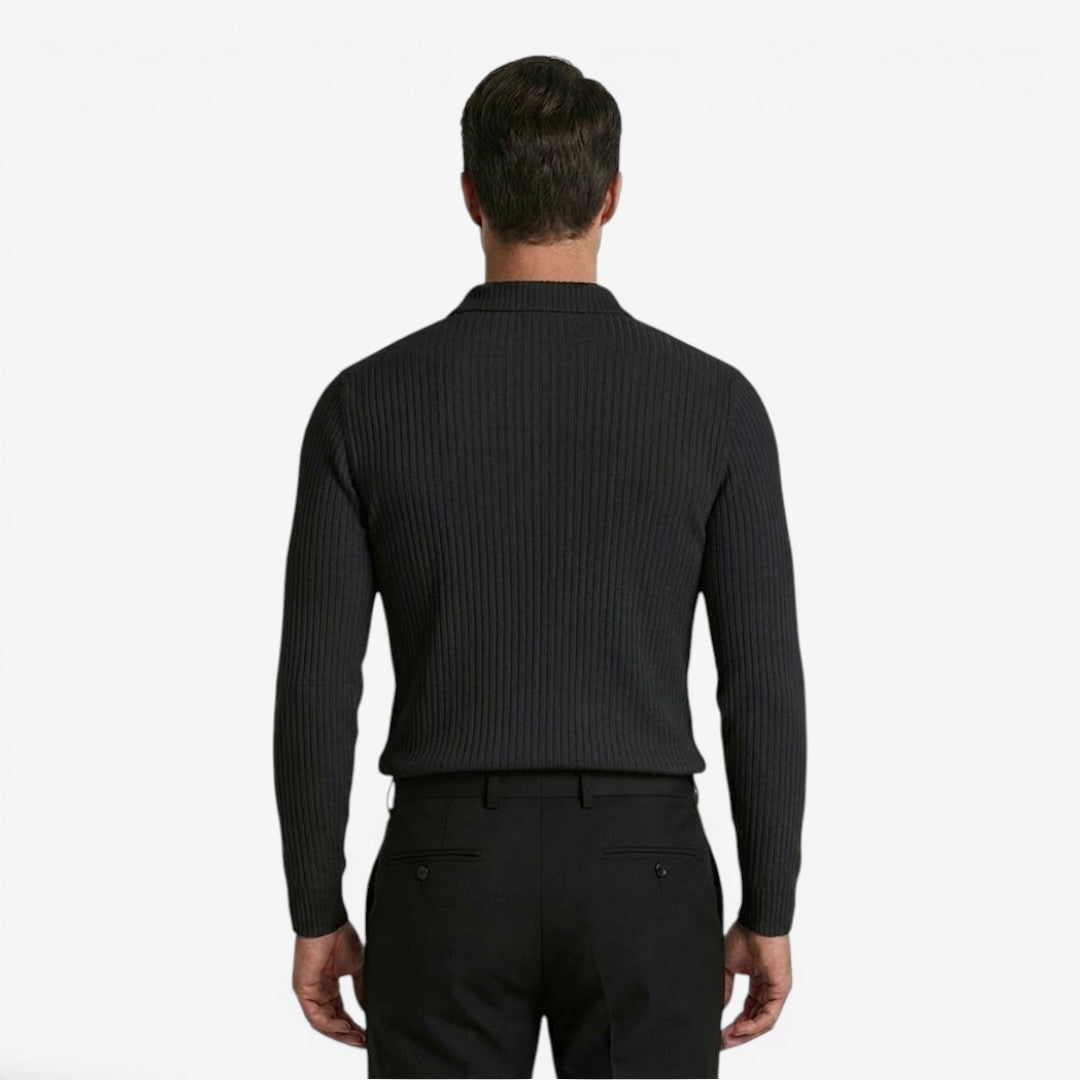 Men's Ribbed Knit Polo Shirt Long Sleeve Collared Business Casual Wear