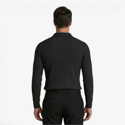 Men's Ribbed Knit Polo Shirt Long Sleeve Collared Business Casual Wear