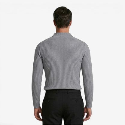 Men's Ribbed Knit Polo Shirt Long Sleeve Collared Business Casual Wear
