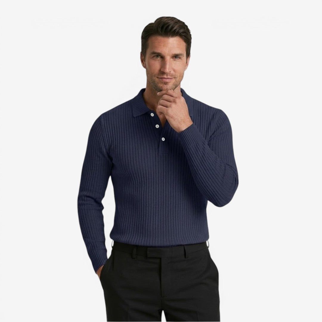 Men's Ribbed Knit Polo Shirt Long Sleeve Collared Business Casual Wear