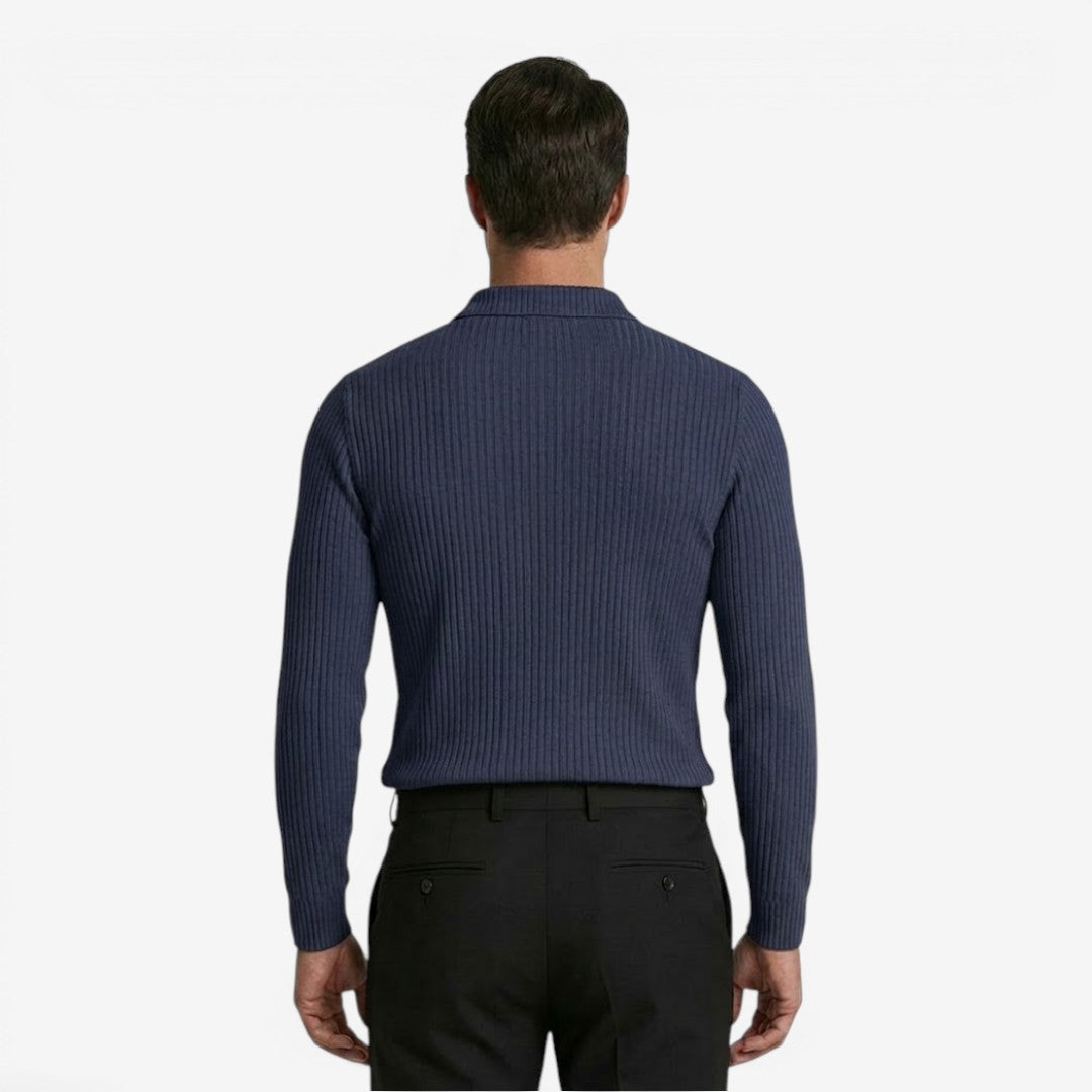 Men's Ribbed Knit Polo Shirt Long Sleeve Collared Business Casual Wear