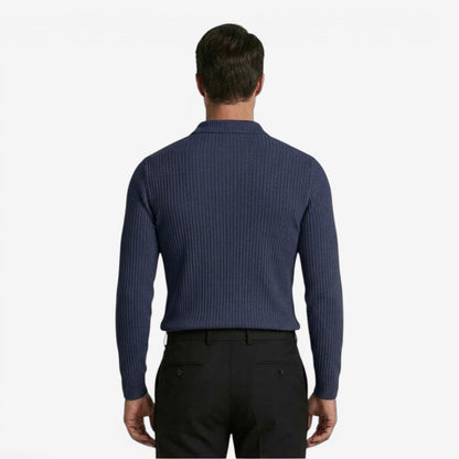 Men's Ribbed Knit Polo Shirt Long Sleeve Collared Business Casual Wear