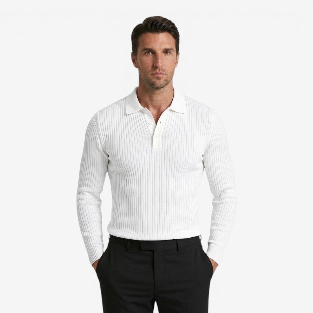 Men's Ribbed Knit Polo Shirt Long Sleeve Collared Business Casual Wear