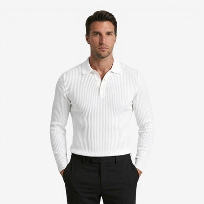 Men's Ribbed Knit Polo Shirt Long Sleeve Collared Business Casual Wear