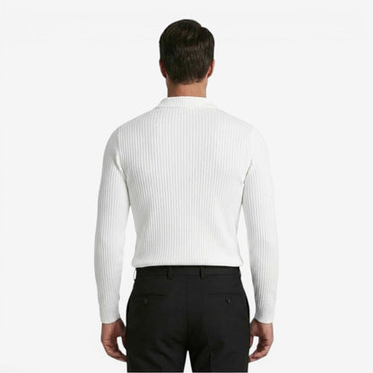 Men's Ribbed Knit Polo Shirt Long Sleeve Collared Business Casual Wear