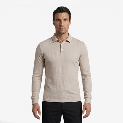 Men's Ribbed Long Sleeve Polo Shirt Collared Smart Casual Everyday Wear