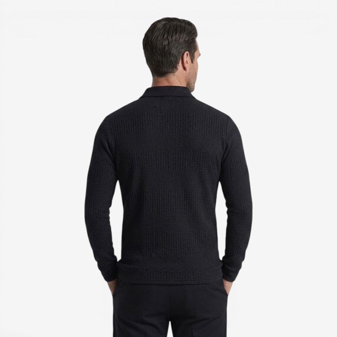Men's Ribbed Long Sleeve Polo Shirt Collared Smart Casual Everyday Wear