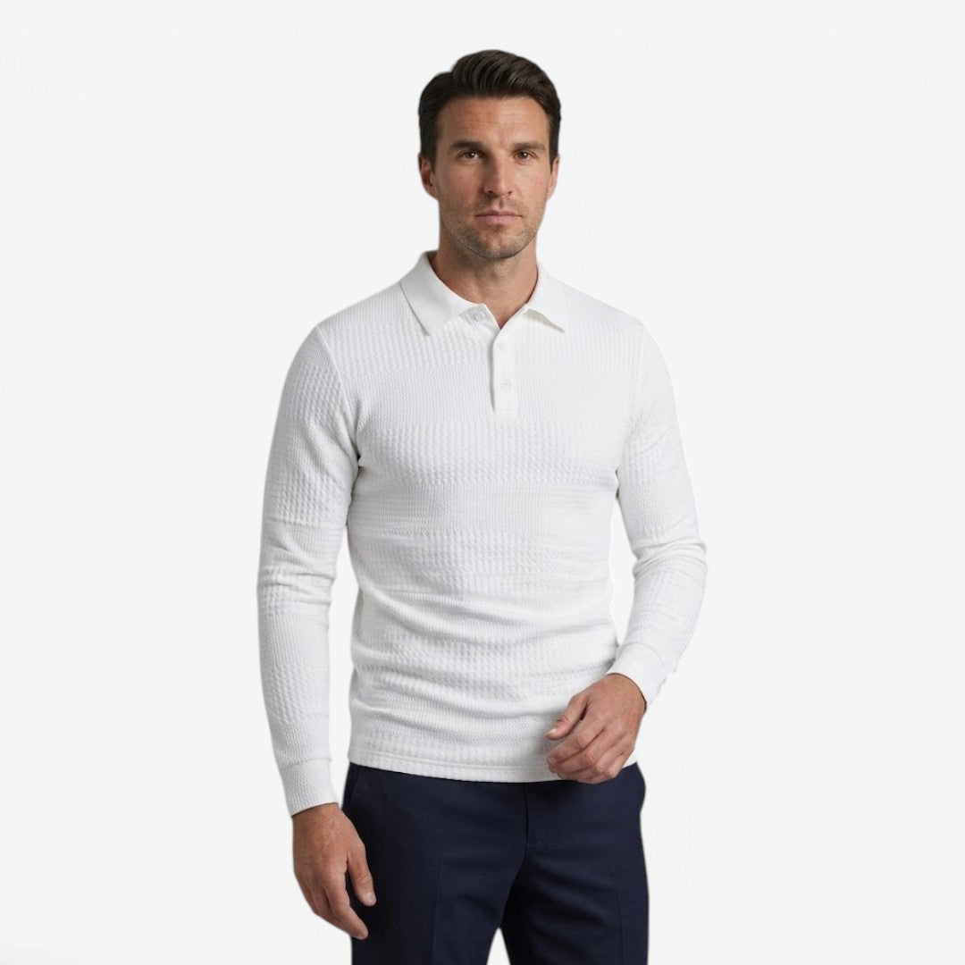 Men's Ribbed Long Sleeve Polo Shirt Collared Smart Casual Everyday Wear