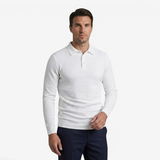 Men's Ribbed Long Sleeve Polo Shirt Collared Smart Casual Everyday Wear