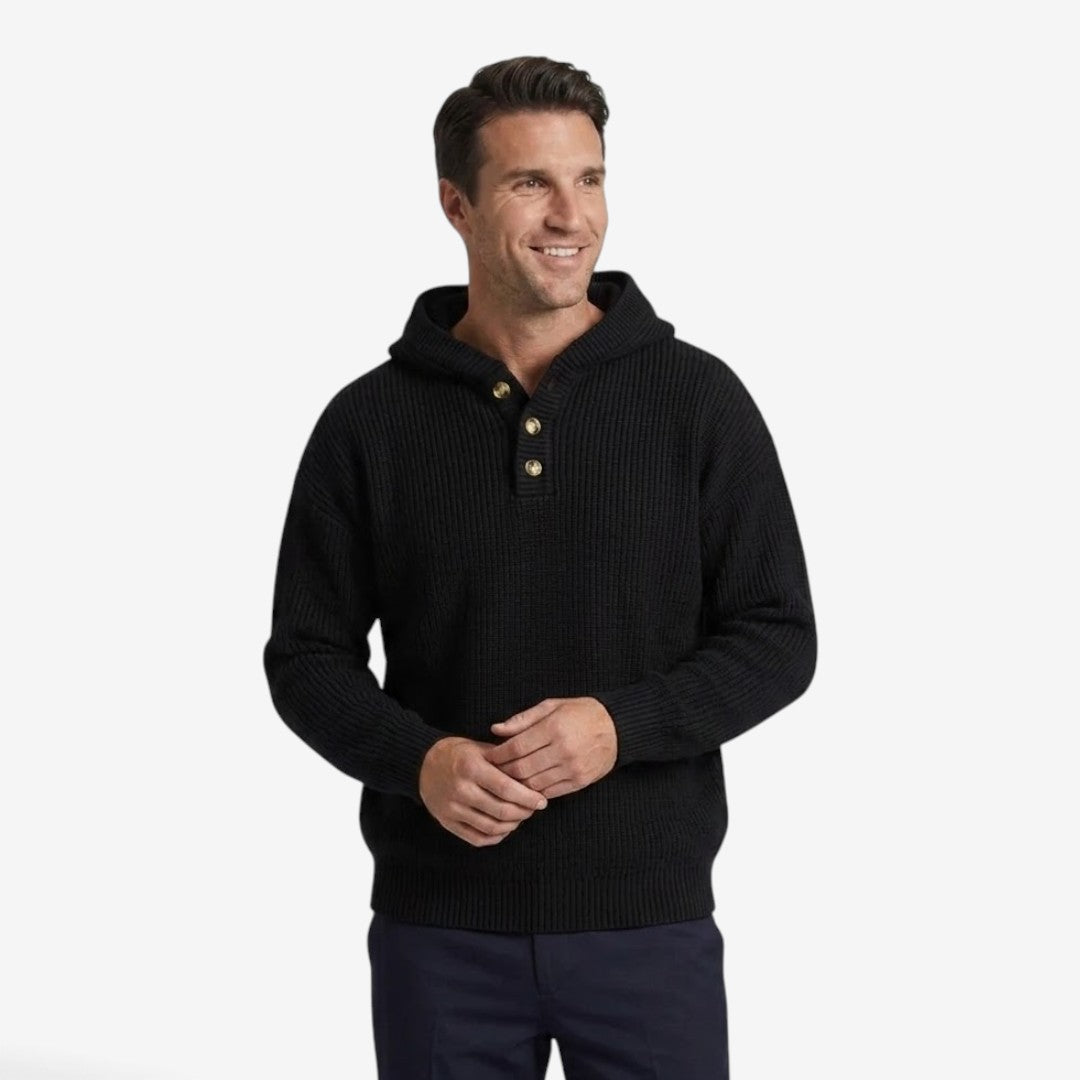 Men's Thick Knit Hooded Jumper Button Neck Warm Winter Casual Knitwear