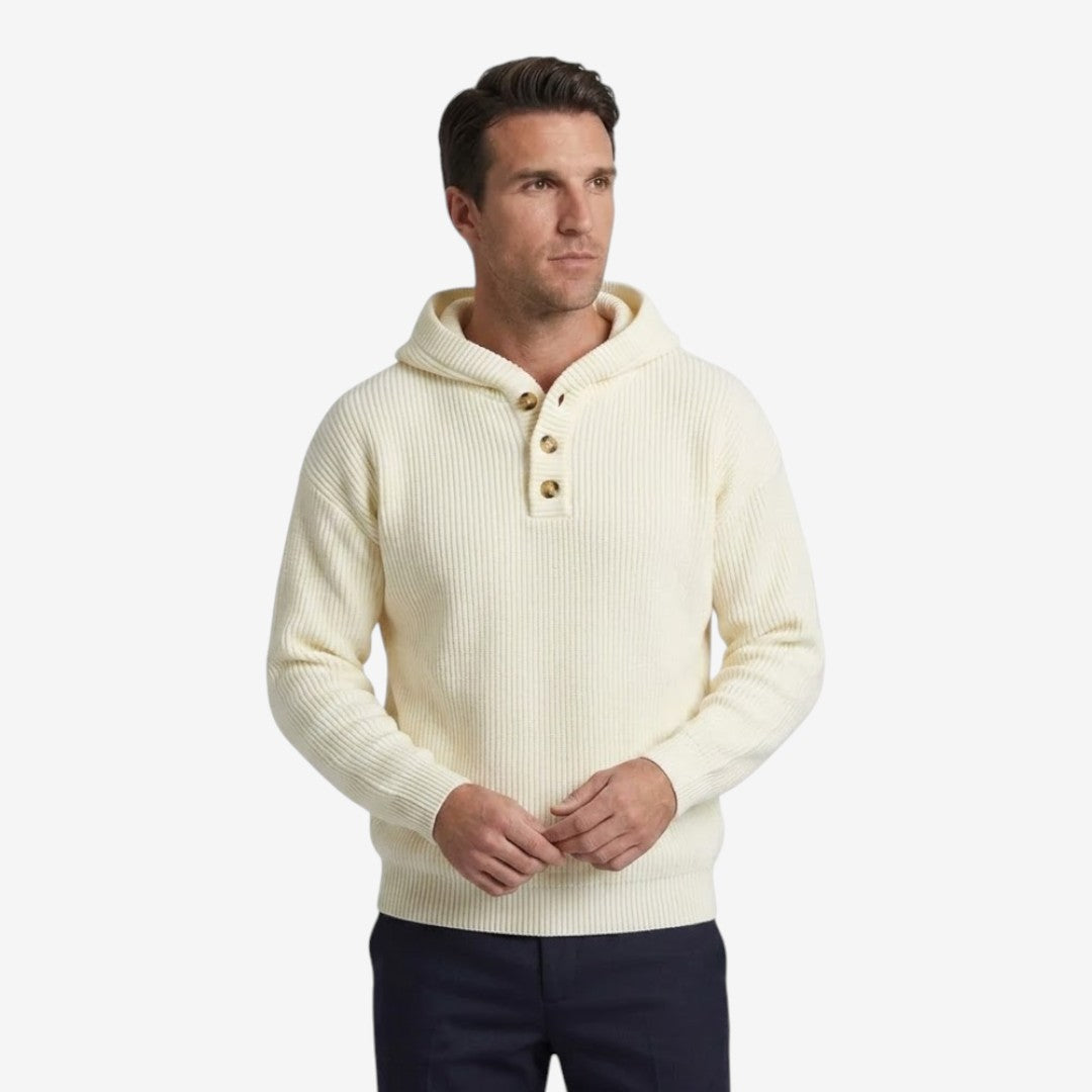 Men's Thick Knit Hooded Jumper Button Neck Warm Winter Casual Knitwear