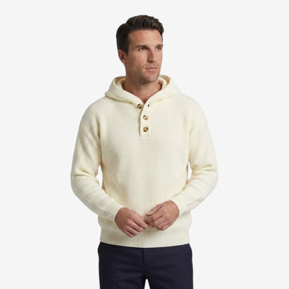 Men's Thick Knit Hooded Jumper Button Neck Warm Winter Casual Knitwear