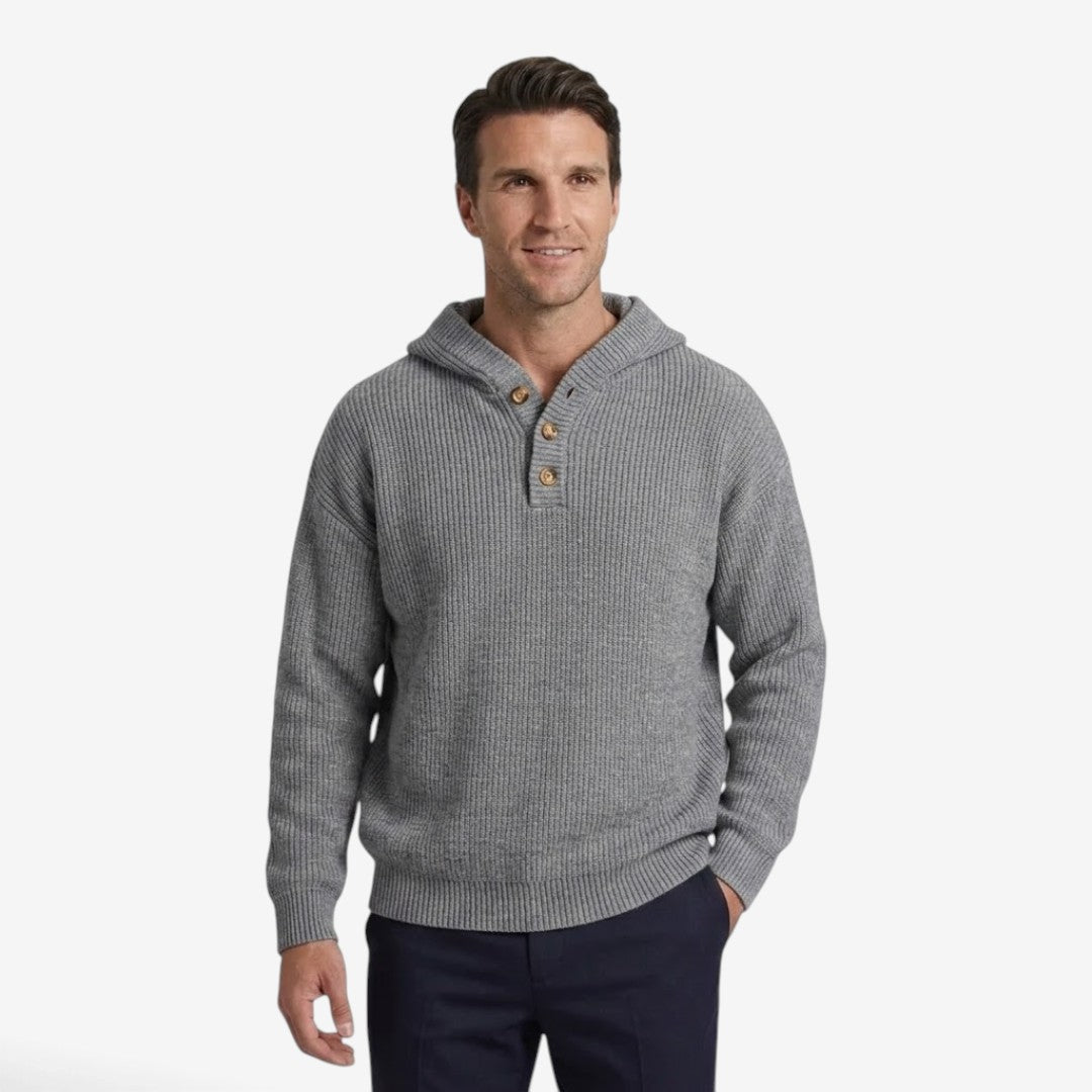 Men's Thick Knit Hooded Jumper Button Neck Warm Winter Casual Knitwear