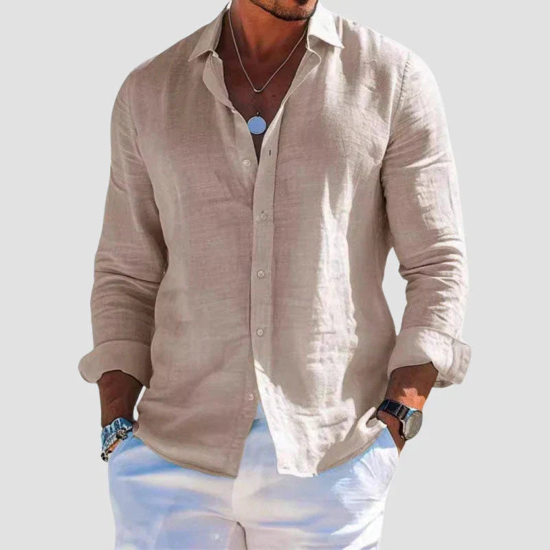 Men's Linen Shirt Long-Sleeve Button-Up Collared Breathable Summer Holiday Beach Resort Casual Levi