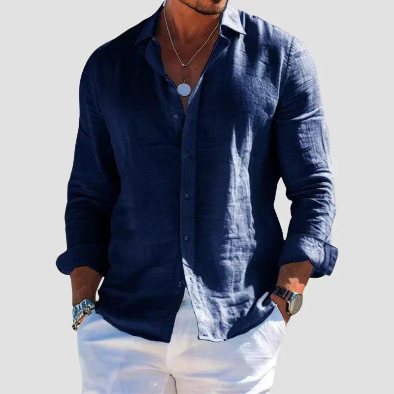 Men's Linen Shirt Long-Sleeve Button-Up Collared Breathable Summer Holiday Beach Resort Casual Levi