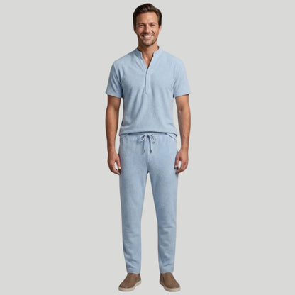 Men's Henley Set Two-Piece V-Neck Relaxed Fit Matching Knit Casual Summer Everyday Outfit Mason