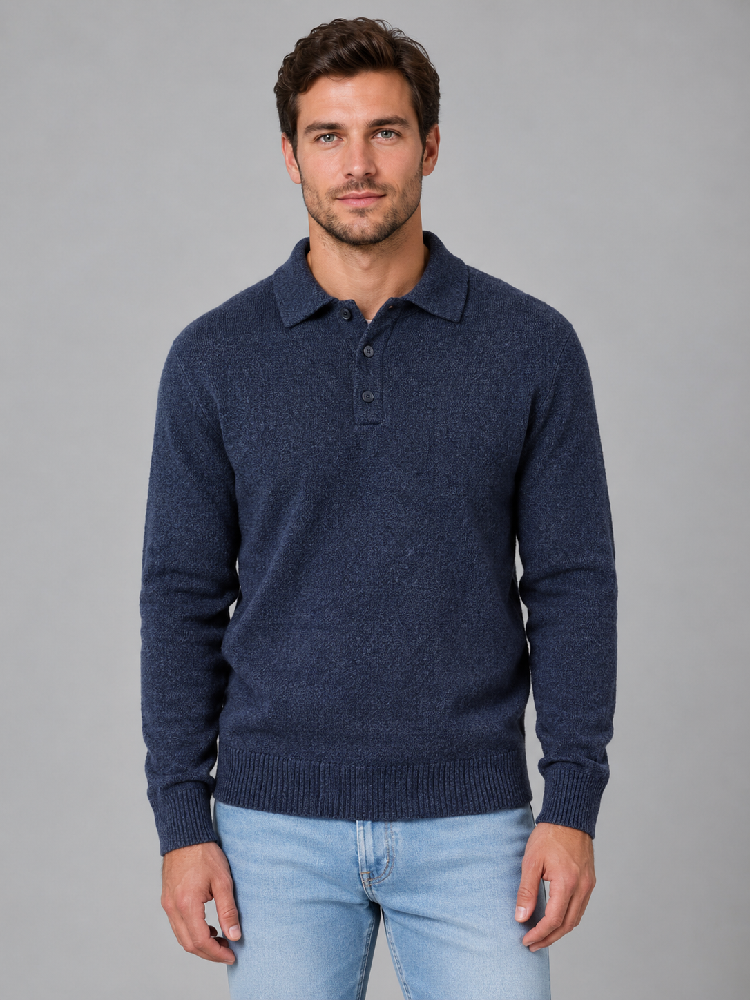 Men's Polo Knit Pullover Button Long Sleeve Stylish Casual Everyday