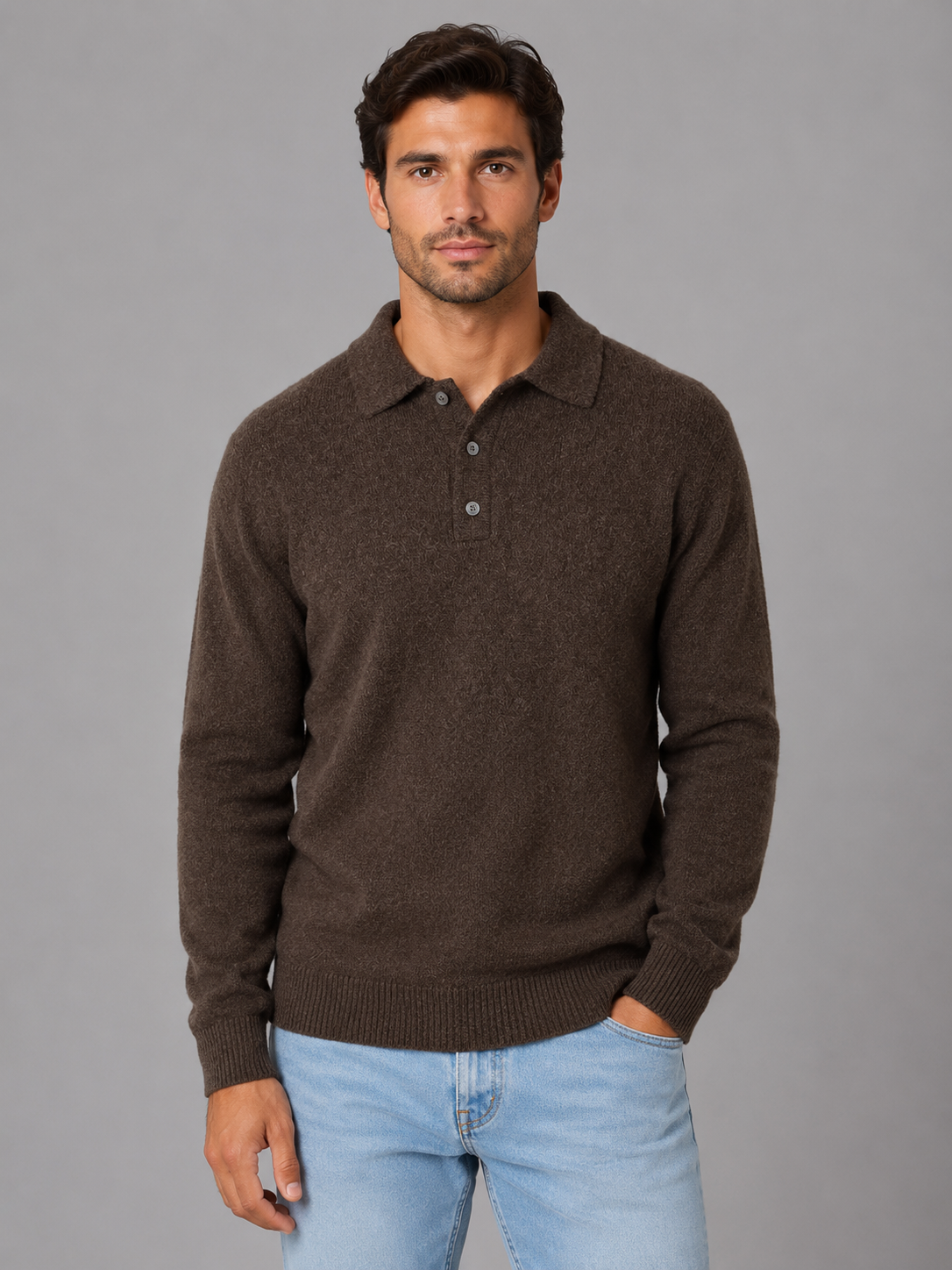 Men's Polo Knit Pullover Button Long Sleeve Stylish Casual Everyday