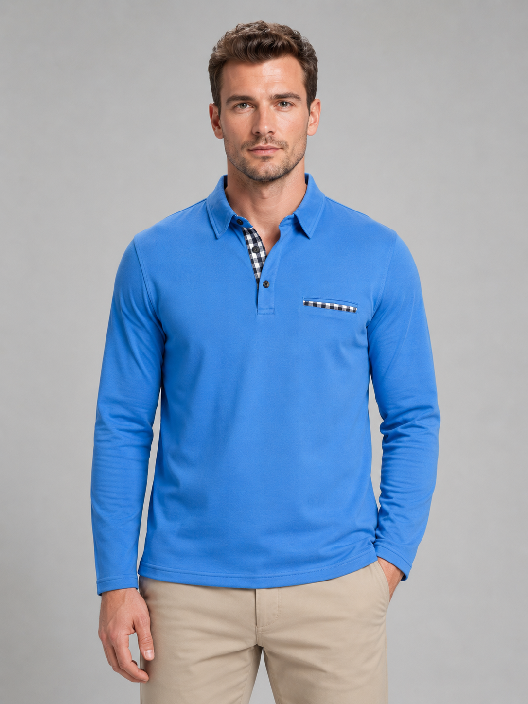 Men's Long Sleeve Polo Shirt Gingham Trim Casual Stylish Everyday Top