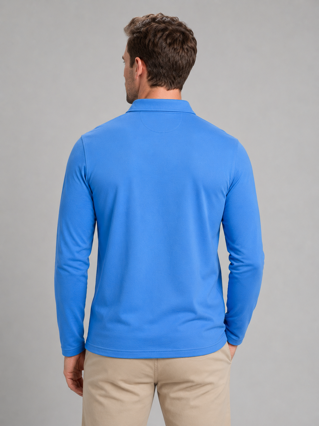 Men's Long Sleeve Polo Shirt Gingham Trim Casual Stylish Everyday Top