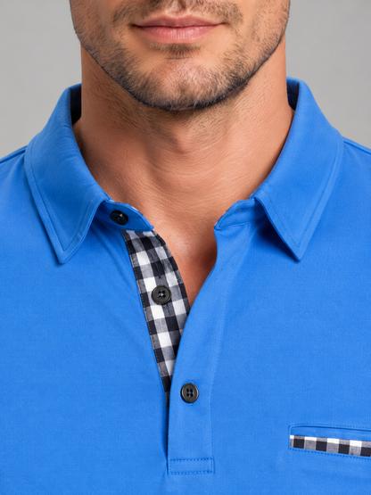 Men's Long Sleeve Polo Shirt Gingham Trim Casual Stylish Everyday Top
