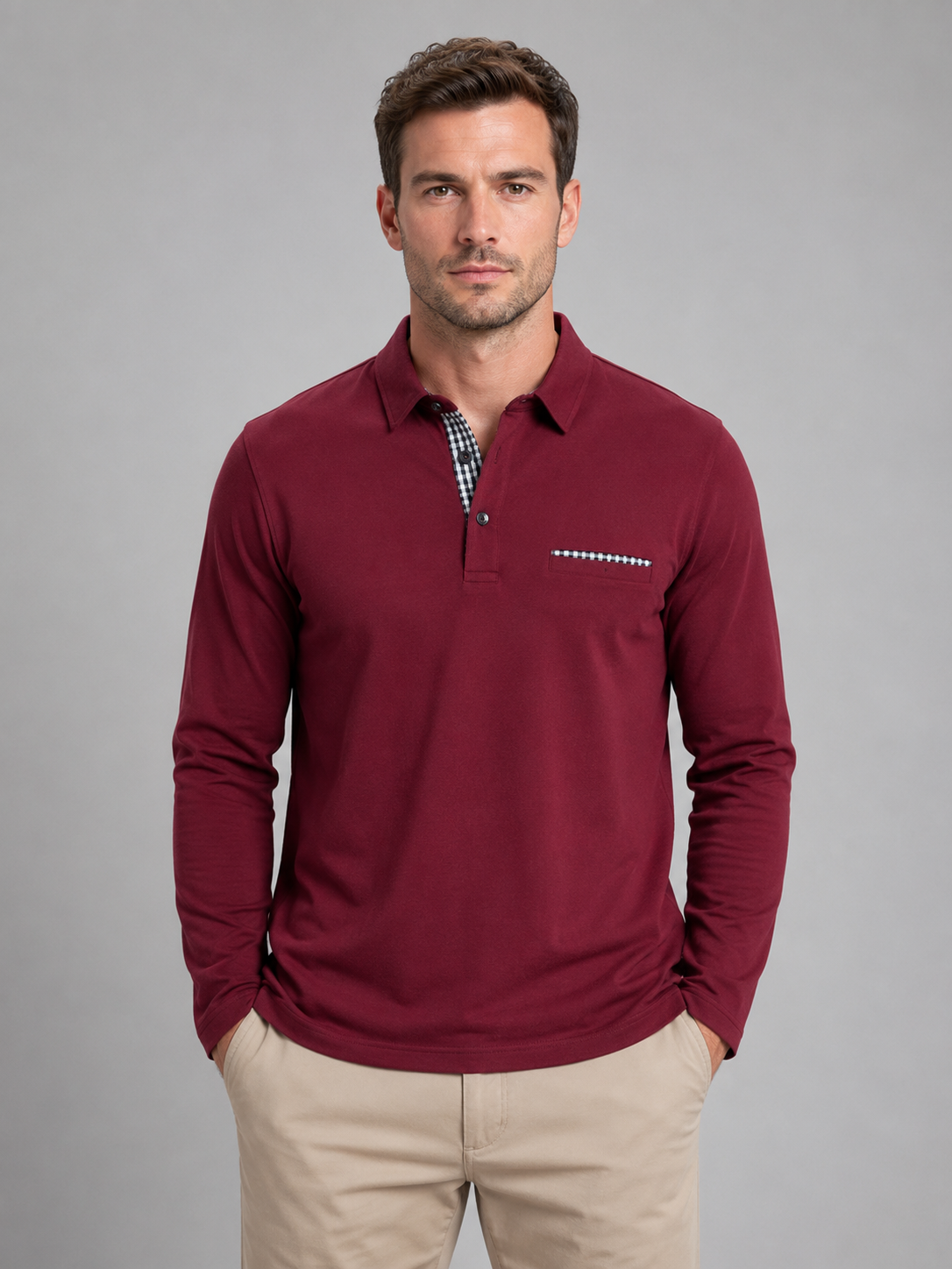 Men's Long Sleeve Polo Shirt Gingham Trim Casual Stylish Everyday Top