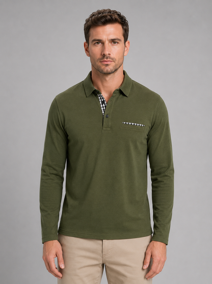 Men's Long Sleeve Polo Shirt Gingham Trim Casual Stylish Everyday Top
