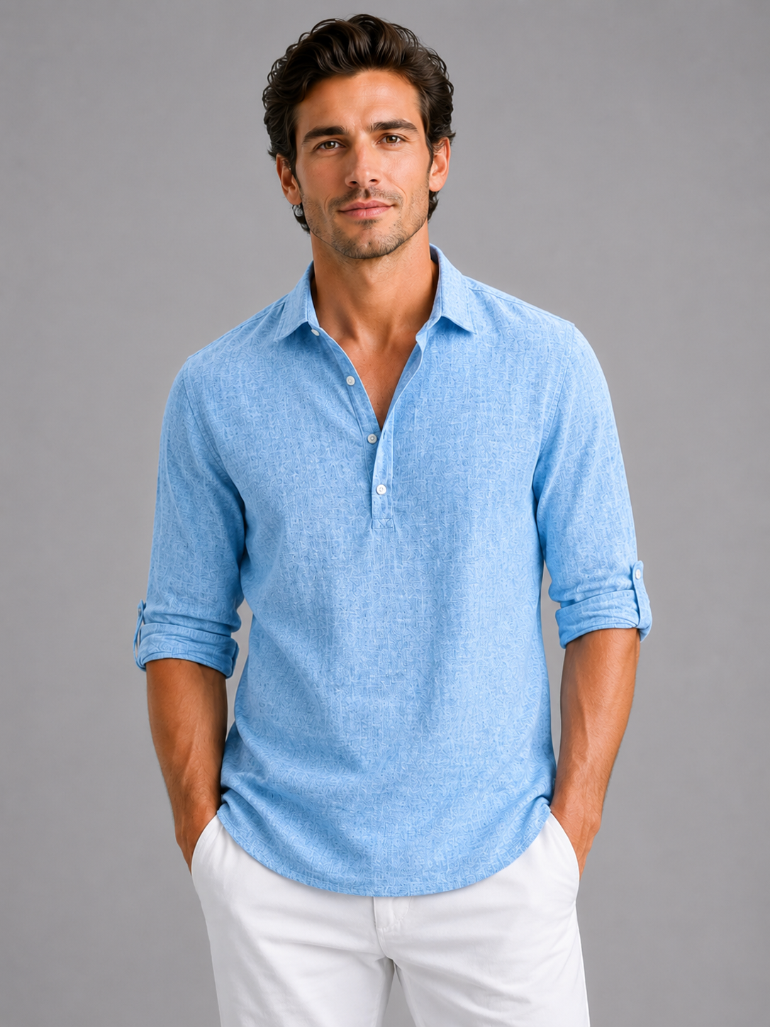 Men's Long Sleeve Shirt Open Collar Relaxed Fit Casual Everyday Wear