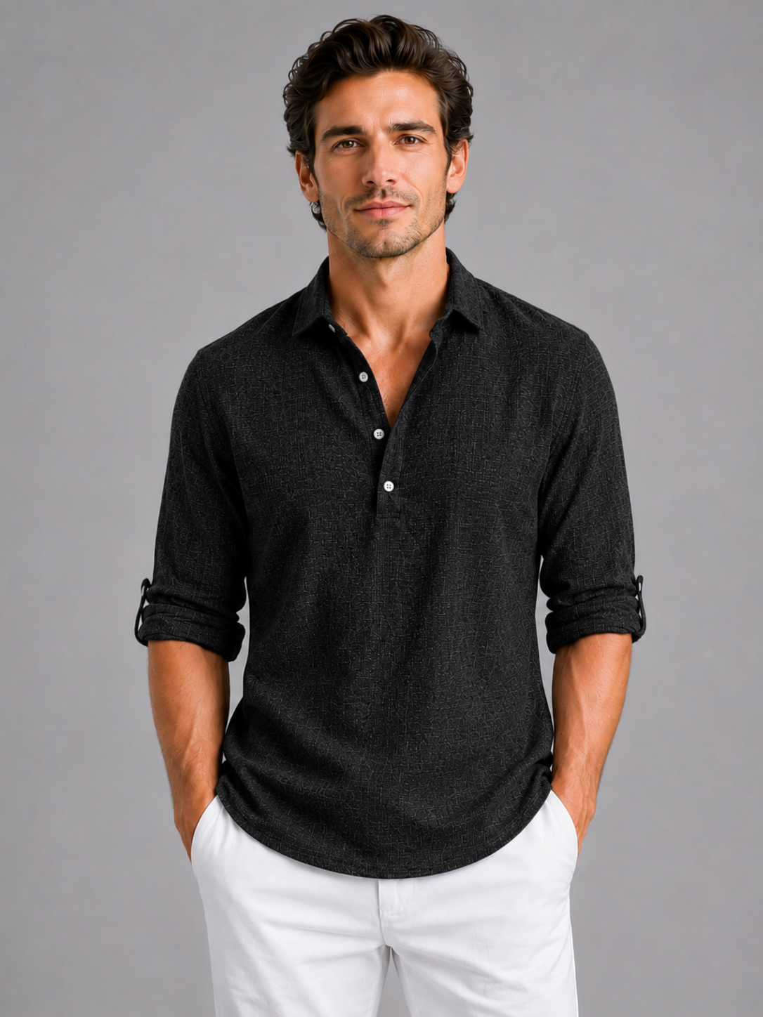 Men's Long Sleeve Shirt Open Collar Relaxed Fit Casual Everyday Wear