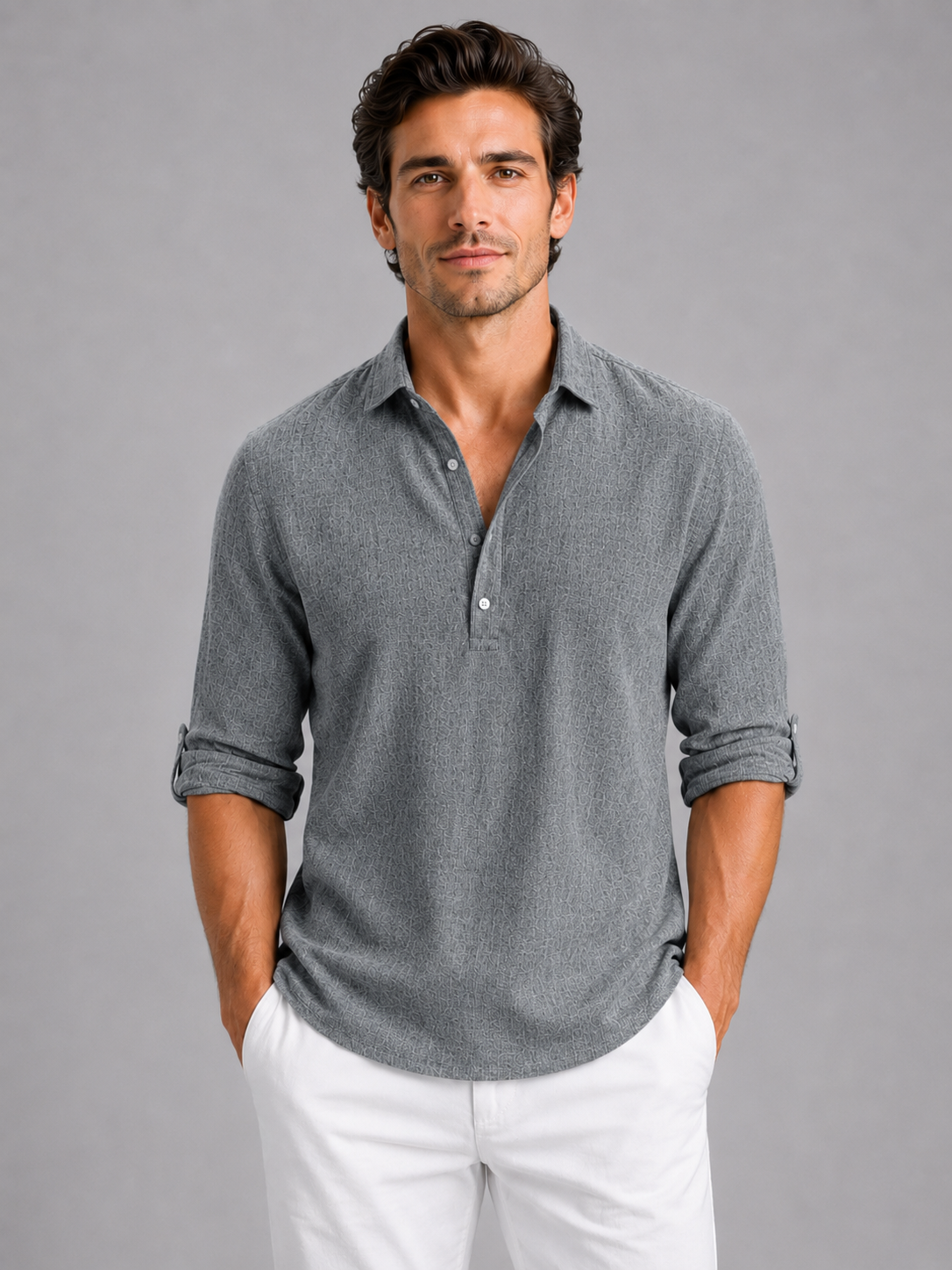 Men's Long Sleeve Shirt Open Collar Relaxed Fit Casual Everyday Wear