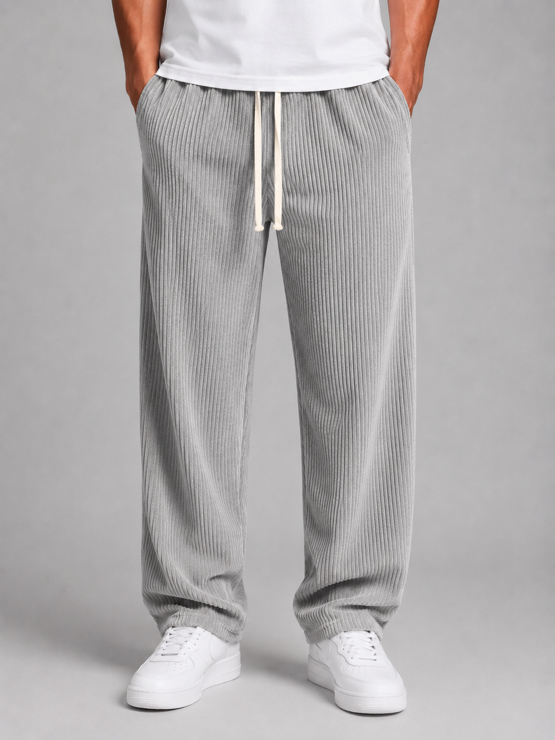 Men's Relaxed Fit Wide Leg Corduroy Trousers Drawstring Casual Everyday