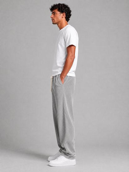 Men's Relaxed Fit Wide Leg Corduroy Trousers Drawstring Casual Everyday