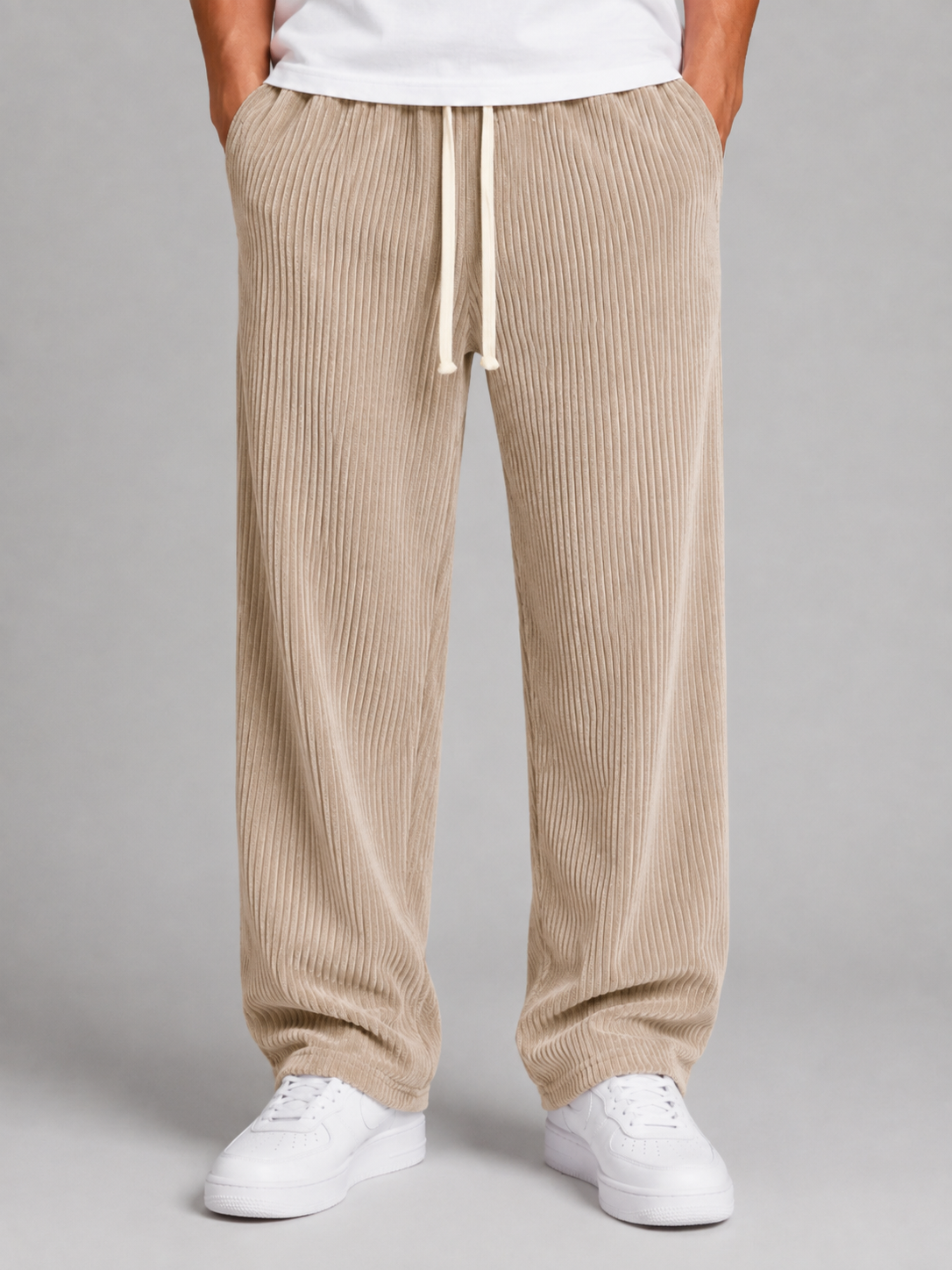 Men's Relaxed Fit Wide Leg Corduroy Trousers Drawstring Casual Everyday