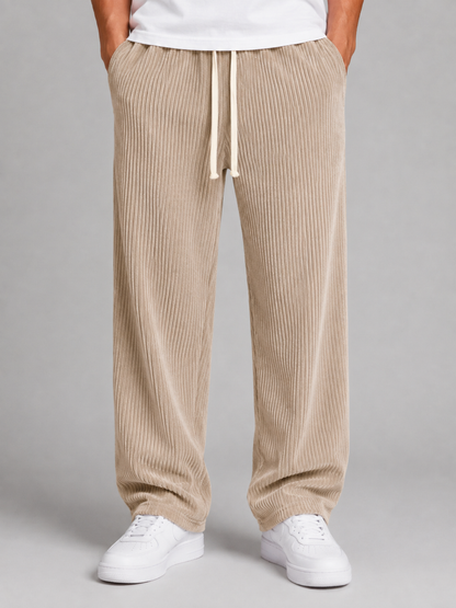 Men's Relaxed Fit Wide Leg Corduroy Trousers Drawstring Casual Everyday