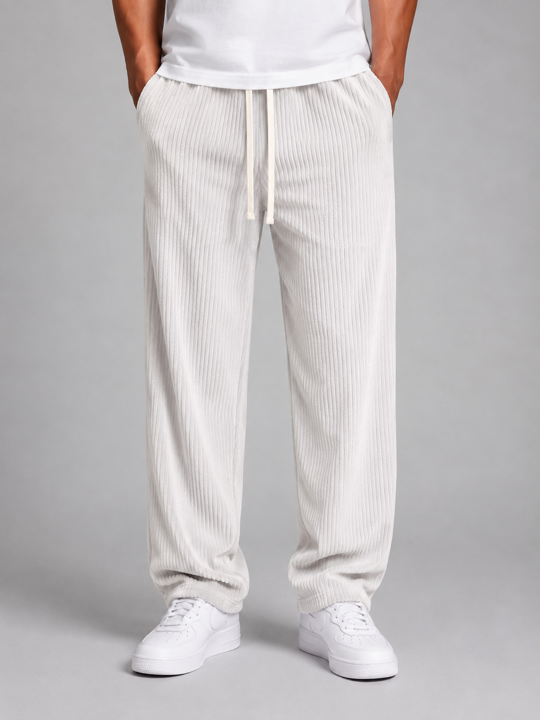 Men's Relaxed Fit Wide Leg Corduroy Trousers Drawstring Casual Everyday