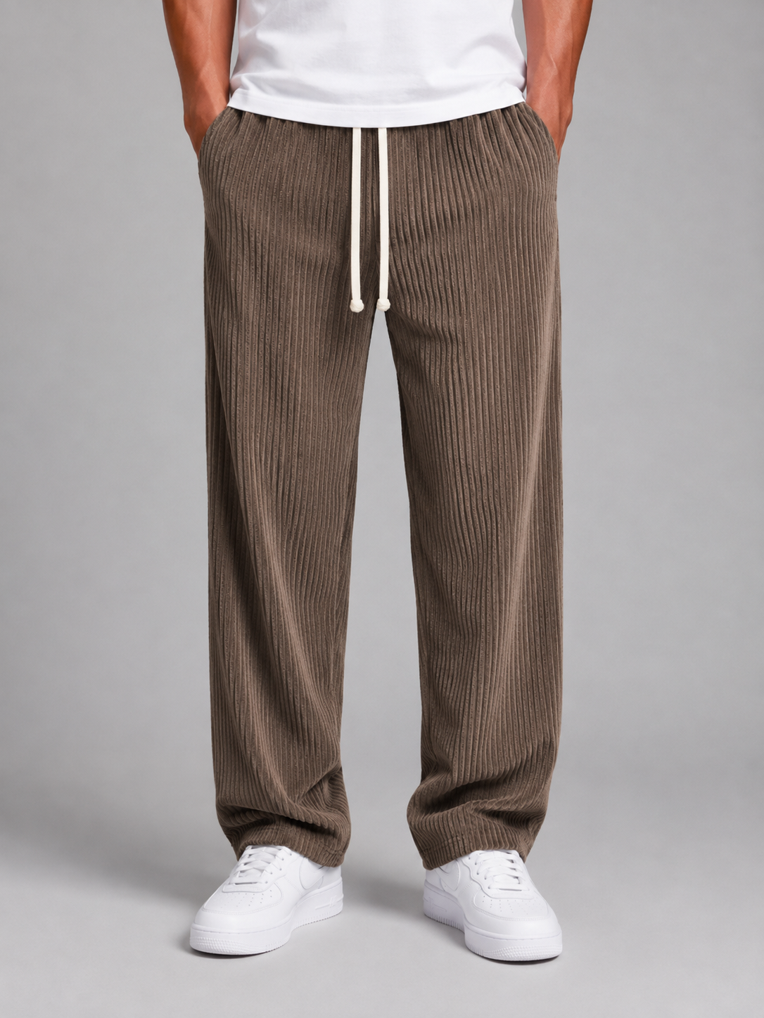 Men's Relaxed Fit Wide Leg Corduroy Trousers Drawstring Casual Everyday