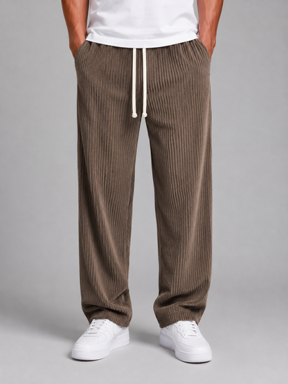 Men's Relaxed Fit Wide Leg Corduroy Trousers Drawstring Casual Everyday
